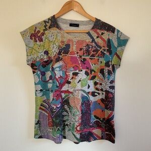 Inoah Art To Wear Abstract Short Raglan Sleeve Swing Top Sz XS Artsy Boho Multi